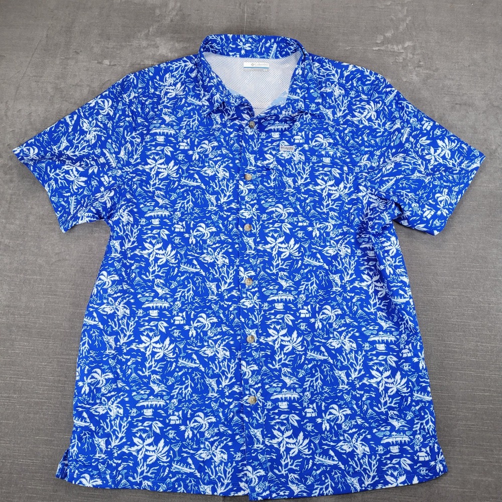 Columbia Men's Med Blue White Tropical Print Short Sleeve Button Up Shirt